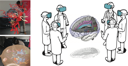 Left panel illustrates AR representation of neuroanatomy teaching, right panel show a sketch of multiple people wearing HMDs joining a learning session in a shared VR space