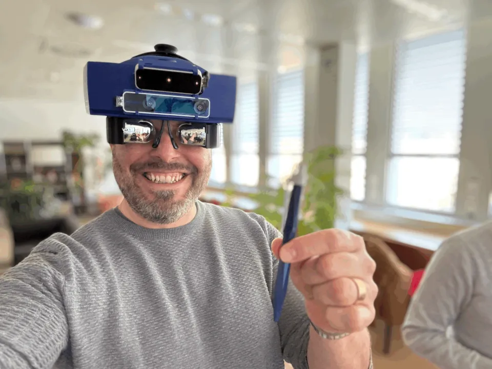 Dr Kannape wearing the CREAL AR headset