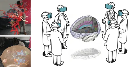Left panel illustrates AR representation of neuroanatomy teaching, right panel show a sketch of multiple people wearing HMDs joining a learning session in a shared VR space