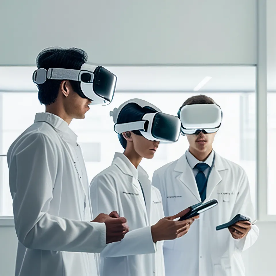 three doctors wearing head mounted displays (made with Midjourney)