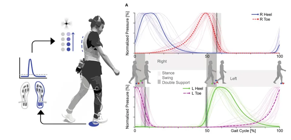 Image of the FeetBack study setup and spatiotemporal gait parameters