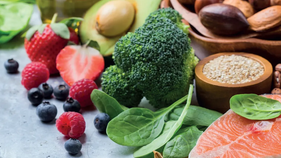 Fruits, légumes et saumon