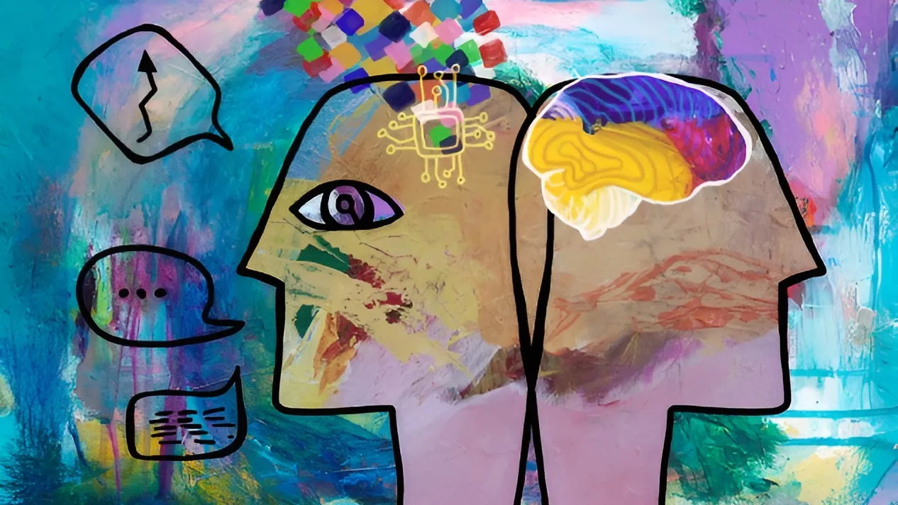 Deux profils multicolors de personnes avec un oeil et un cerveau sou surimpression