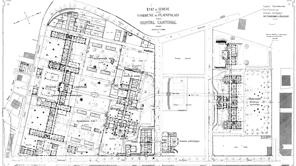 Plan historique de l'Hôpital cantonal de Genève et de la Maternité, échelle 1:1000.