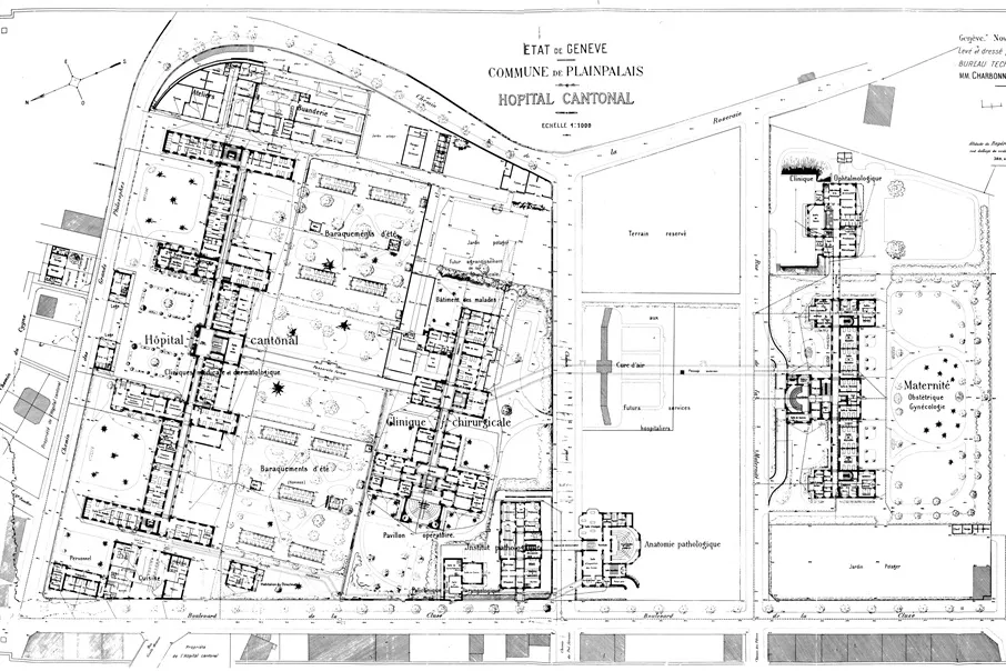 Plan historique de l'Hôpital cantonal de Genève et de la Maternité, échelle 1:1000.