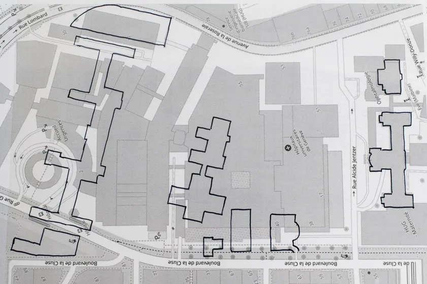 Plan historique décalqué et superposé sur un plan d'aujourd'hui.